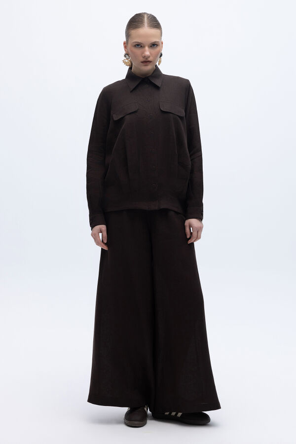 Geniş Paça Keten Pantolon Kahverengi - 1