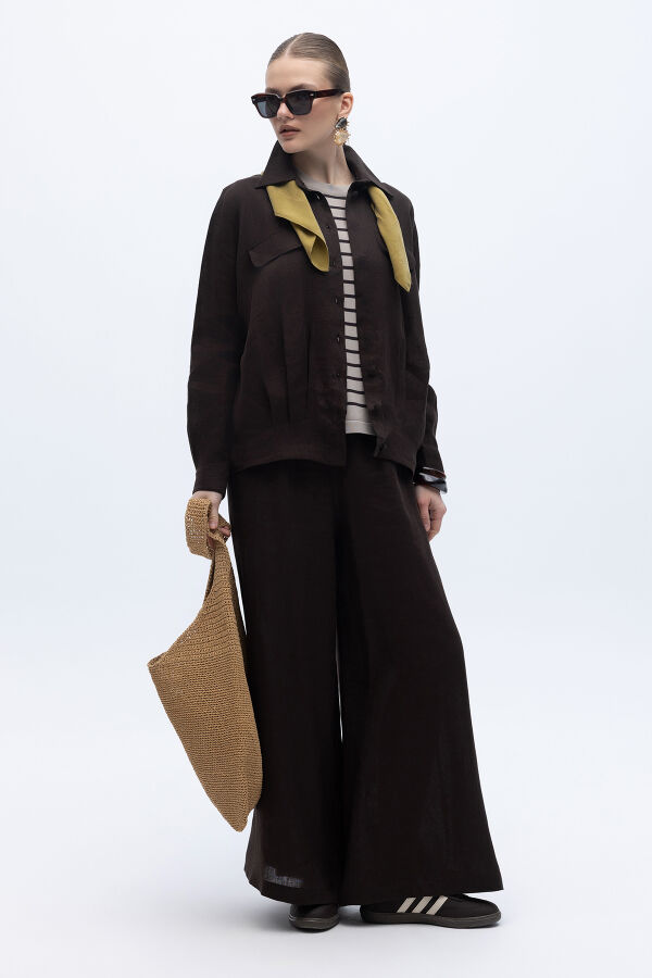 Geniş Paça Keten Pantolon Kahverengi - 2