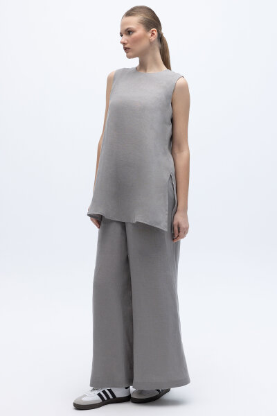 Geniş Paça Keten Pantolon Gri - 3