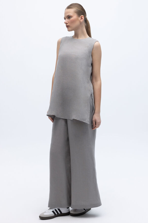 Geniş Paça Keten Pantolon Gri - 3