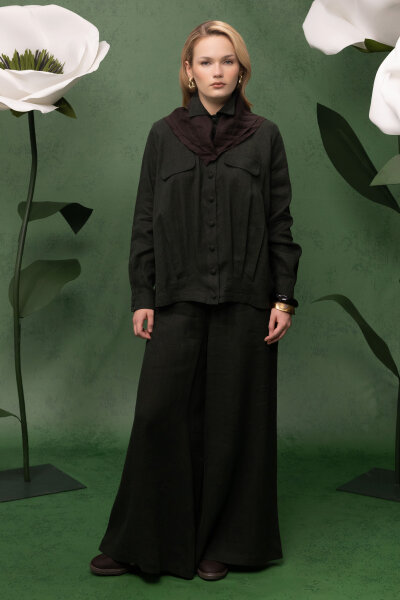 Geniş Paça Keten Pantolon Haki 