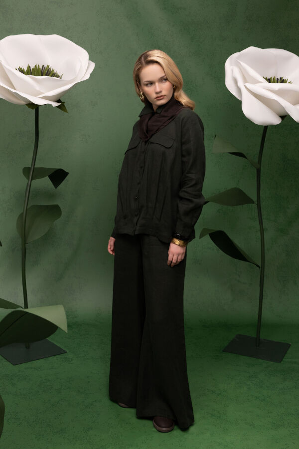 Geniş Paça Keten Pantolon Haki - 2