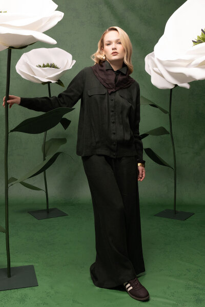 Geniş Paça Keten Pantolon Haki - 3