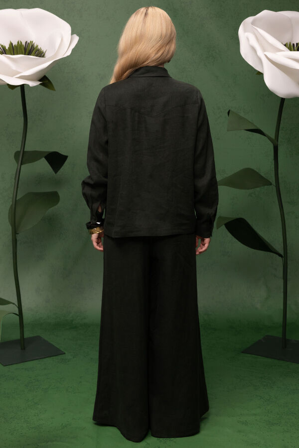 Geniş Paça Keten Pantolon Haki - 4