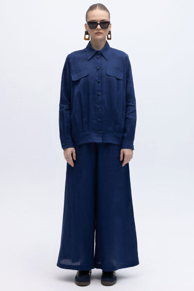 Geniş Paça Keten Pantolon Navy 
