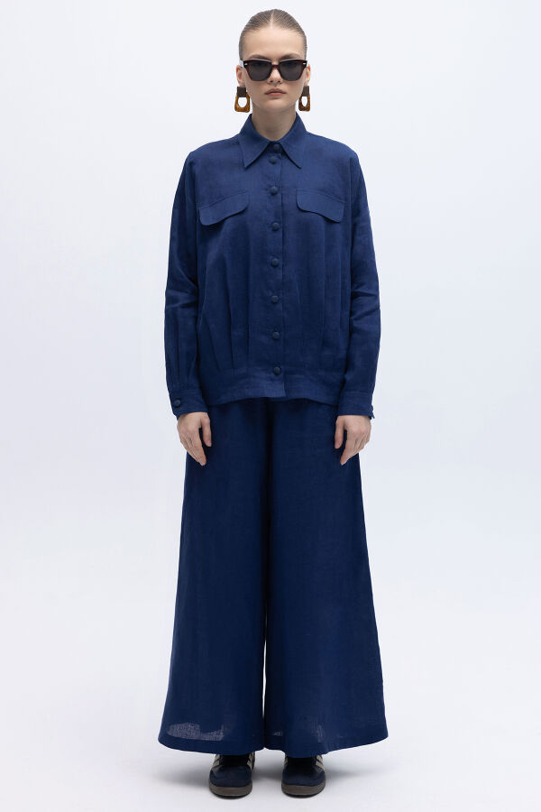 Geniş Paça Keten Pantolon Navy - 1