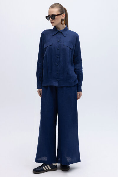 Geniş Paça Keten Pantolon Navy - 3