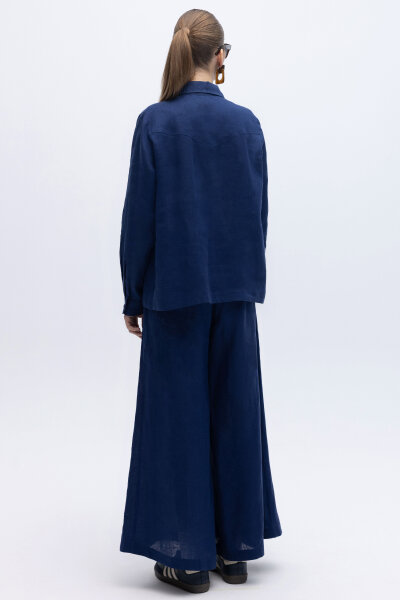 Geniş Paça Keten Pantolon Navy - 4