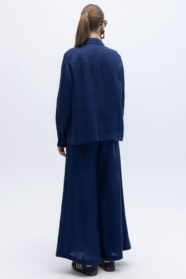 Geniş Paça Keten Pantolon Navy - 4