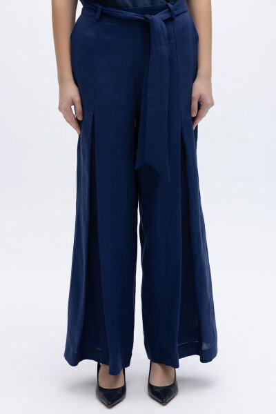 Geniş Paça Keten Pantolon Navy - 2