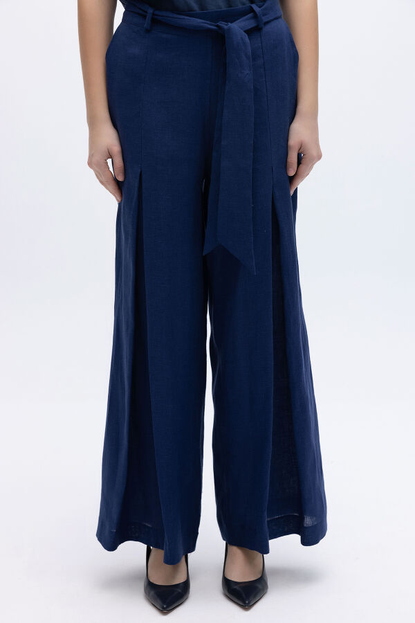 Geniş Paça Keten Pantolon Navy - 2