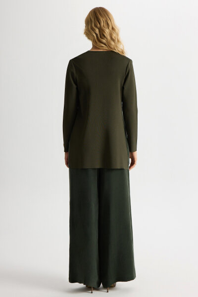 Gizli Patlı Düz Renk Triko Kap Haki - 3