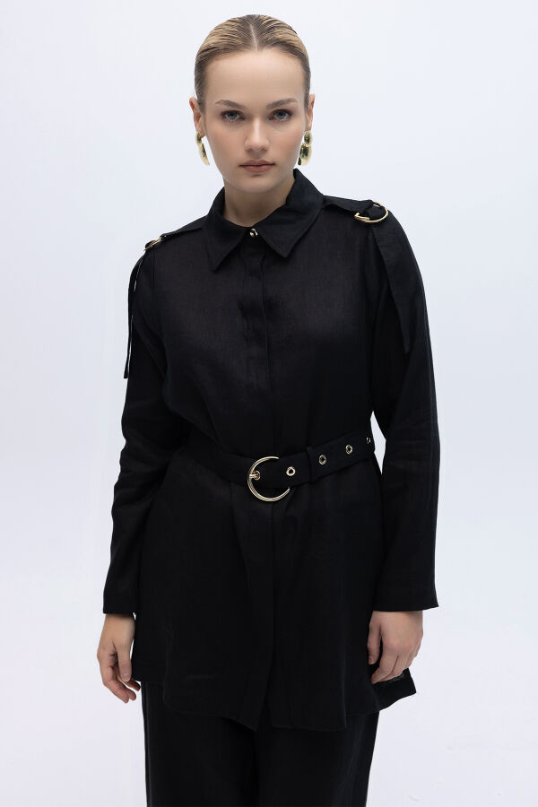 Gizli Patlı Omuz Detaylı Keten Gömlek Siyah - 1