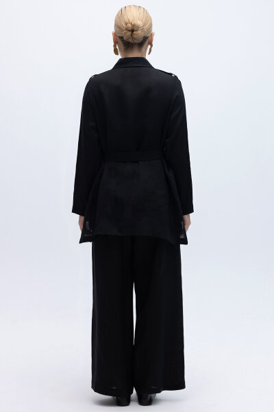 Gizli Patlı Omuz Detaylı Keten Gömlek Siyah - 2