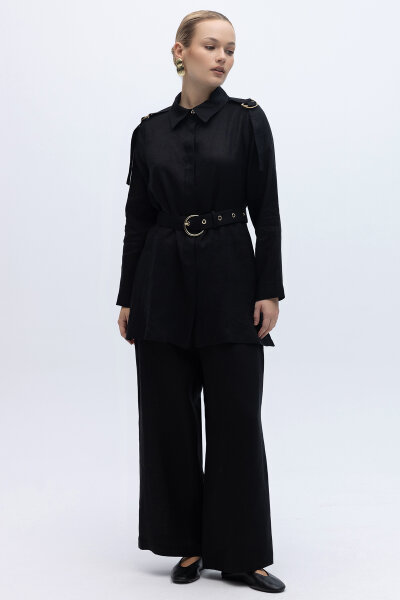 Gizli Patlı Omuz Detaylı Keten Gömlek Siyah - 4