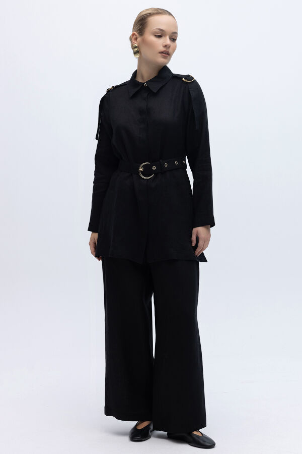 Gizli Patlı Omuz Detaylı Keten Gömlek Siyah - 4