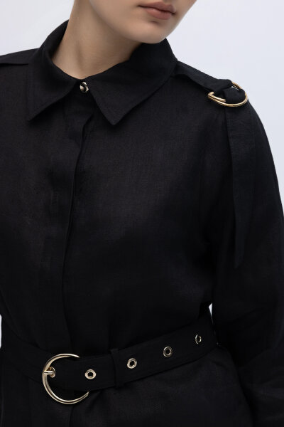 Gizli Patlı Omuz Detaylı Keten Gömlek Siyah - 5