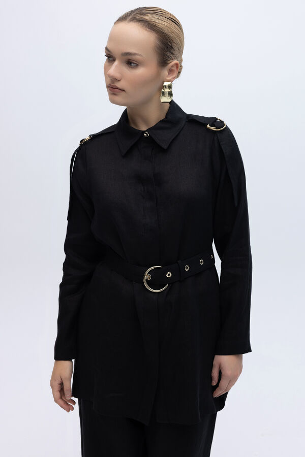 Gizli Patlı Omuz Detaylı Keten Gömlek Siyah - 6