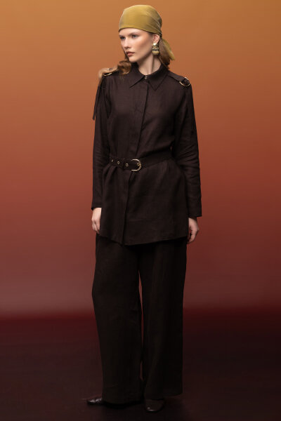 Gizli Patlı Omuz Detaylı Keten Gömlek Kahverengi 