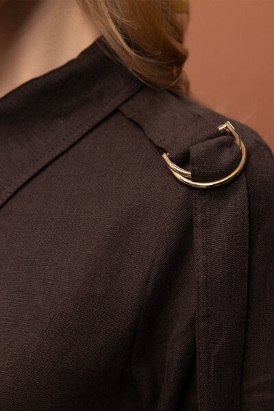 Gizli Patlı Omuz Detaylı Keten Gömlek Kahverengi - 2