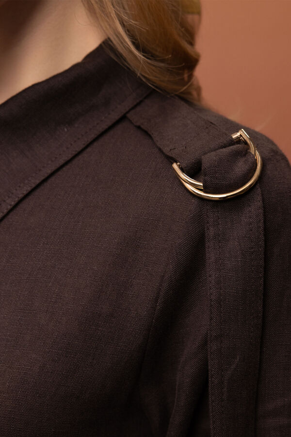 Gizli Patlı Omuz Detaylı Keten Gömlek Kahverengi - 2