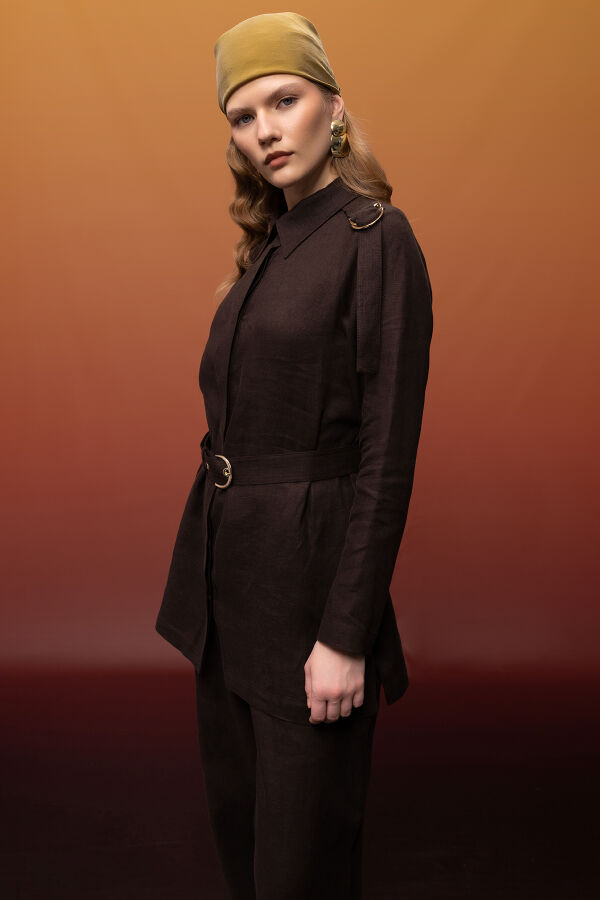 Gizli Patlı Omuz Detaylı Keten Gömlek Kahverengi - 3