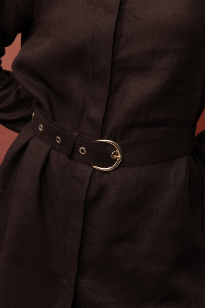 Gizli Patlı Omuz Detaylı Keten Gömlek Kahverengi - 4