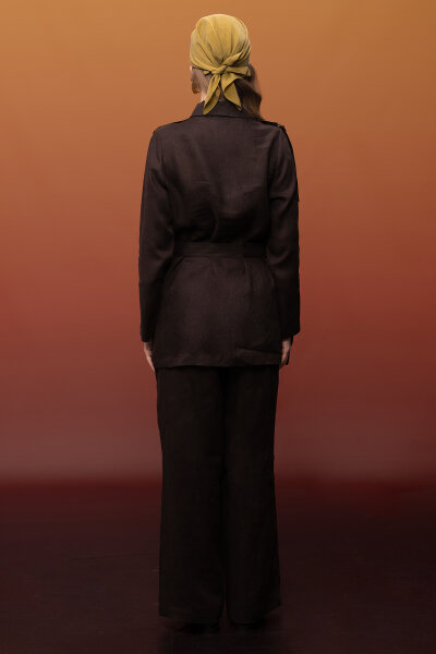 Gizli Patlı Omuz Detaylı Keten Gömlek Kahverengi - 5