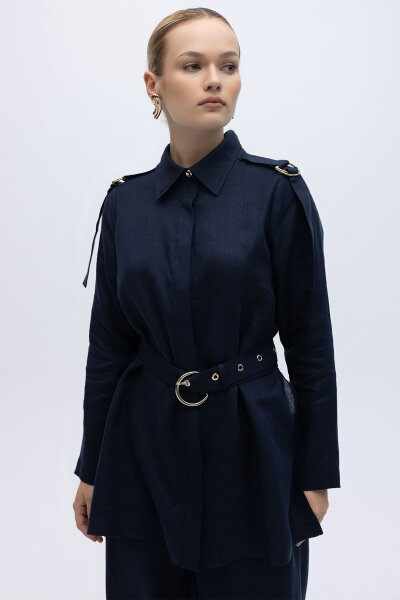 Gizli Patlı Omuz Detaylı Keten Gömlek Lacivert - 1