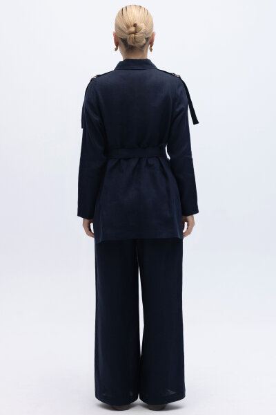 Gizli Patlı Omuz Detaylı Keten Gömlek Lacivert - 2