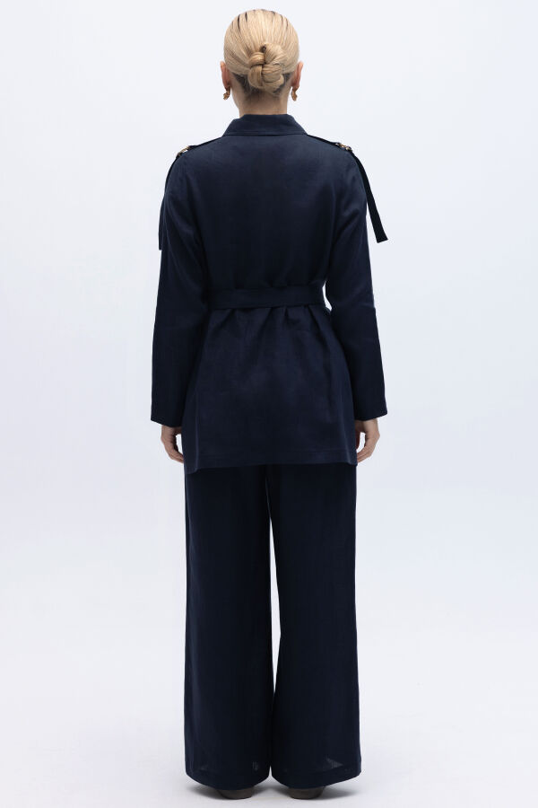 Gizli Patlı Omuz Detaylı Keten Gömlek Lacivert - 2