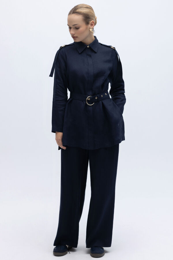 Gizli Patlı Omuz Detaylı Keten Gömlek Lacivert - 3