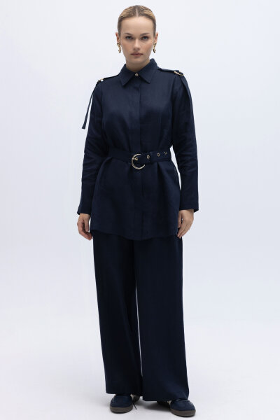 Gizli Patlı Omuz Detaylı Keten Gömlek Lacivert - 4