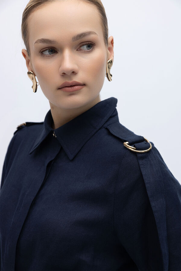 Gizli Patlı Omuz Detaylı Keten Gömlek Lacivert - 5