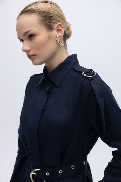 Gizli Patlı Omuz Detaylı Keten Gömlek Lacivert - 6