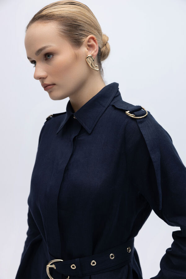 Gizli Patlı Omuz Detaylı Keten Gömlek Lacivert - 6