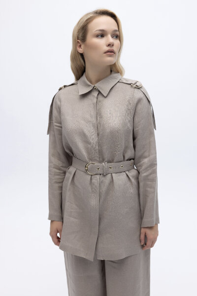 Gizli Patlı Omuz Detaylı Keten Gömlek Stone 