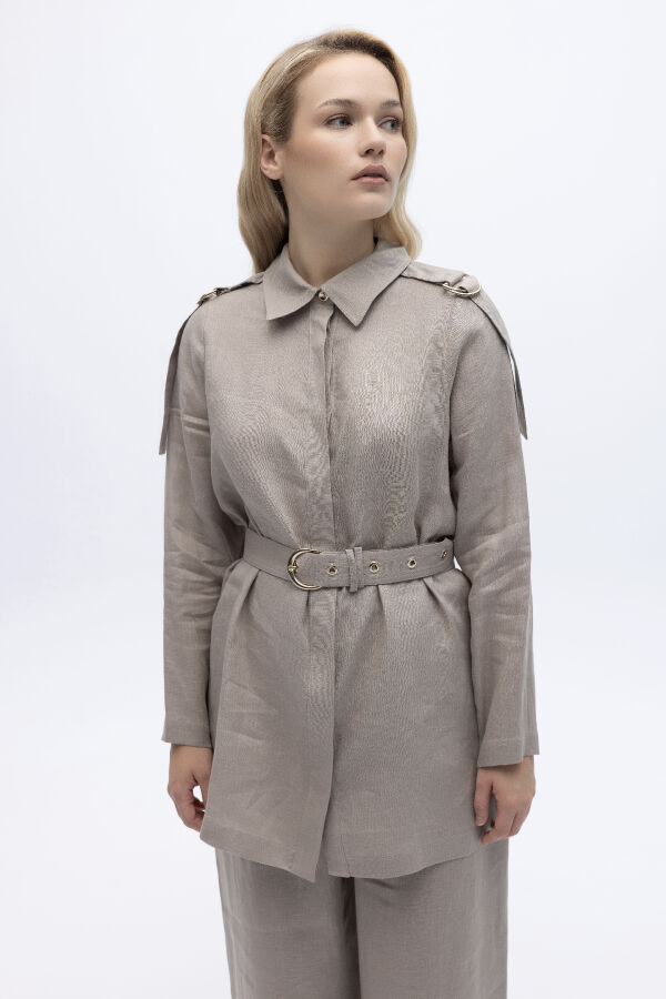 Gizli Patlı Omuz Detaylı Keten Gömlek Stone - 1