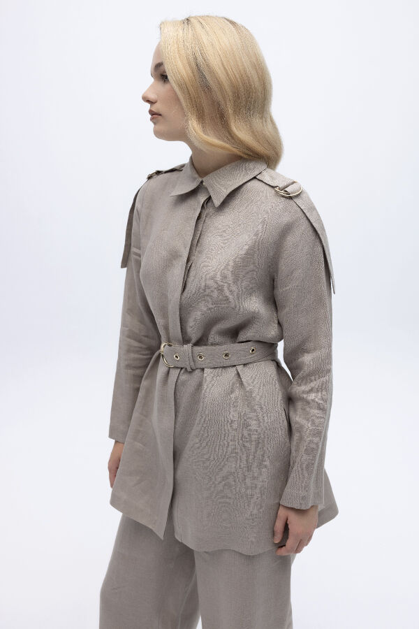 Gizli Patlı Omuz Detaylı Keten Gömlek Stone - 2