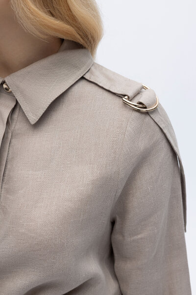 Gizli Patlı Omuz Detaylı Keten Gömlek Stone - 3