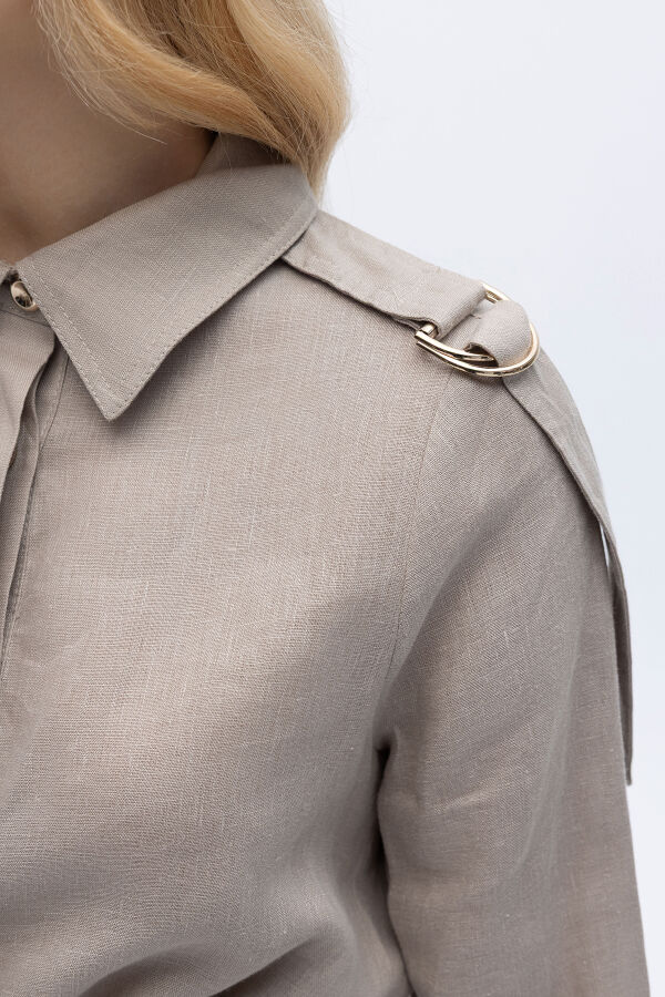 Gizli Patlı Omuz Detaylı Keten Gömlek Stone - 3