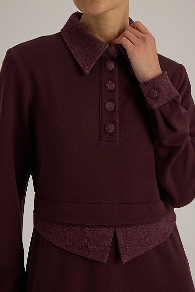  Gömlek Efektli Denim Elbise Bordo - 6