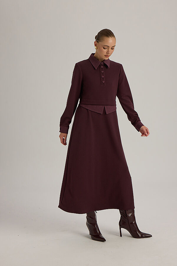  Gömlek Efektli Denim Elbise Bordo - 5