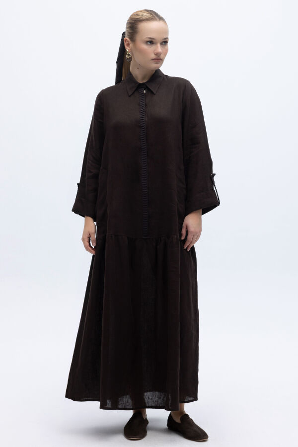 Gömlek Yaka Bekletme Detaylı Keten Elbise Kahverengi - 1