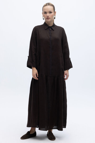 Gömlek Yaka Bekletme Detaylı Keten Elbise Kahverengi - 2