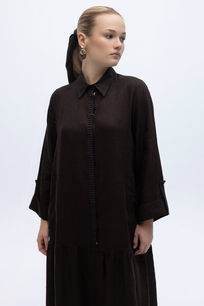 Gömlek Yaka Bekletme Detaylı Keten Elbise Kahverengi - 3