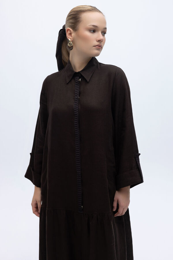 Gömlek Yaka Bekletme Detaylı Keten Elbise Kahverengi - 3