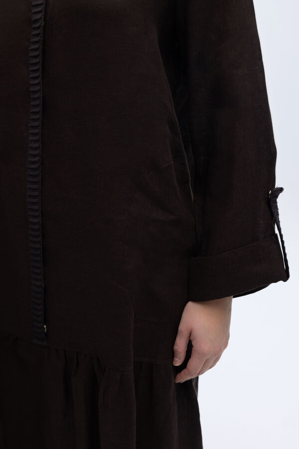 Gömlek Yaka Bekletme Detaylı Keten Elbise Kahverengi - 4