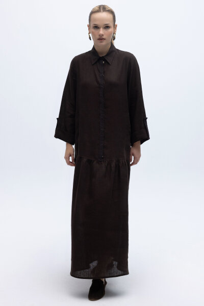 Gömlek Yaka Bekletme Detaylı Keten Elbise Kahverengi - 5