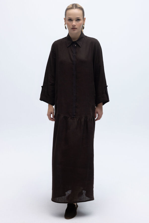 Gömlek Yaka Bekletme Detaylı Keten Elbise Kahverengi - 5